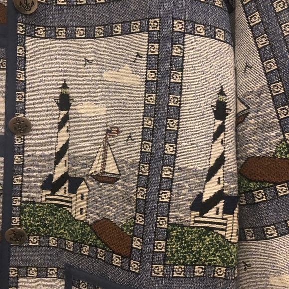 Blair Nautical Print Jacket - Blue and Green lighthous costal button up vintage - Picture 3 of 7
